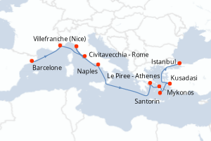 carte itinéraire croisière Méditerranée 10 jours au départ du port de Barcelone