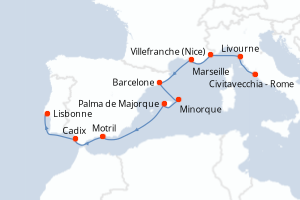 Carte de l'itinéraire de croisière Civitavecchia - Rome-Lisbonne d'une durée de 9 jours