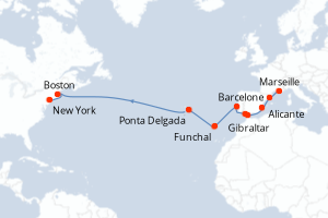 carte itinéraire croisière Transatlantique 20 jours au départ du port de Marseille