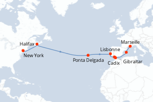 carte itinéraire croisière Transatlantique 15 jours au départ du port de New York