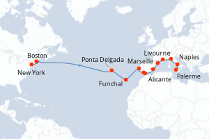 carte itinéraire croisière Transatlantique 23 jours au départ du port de Palerme