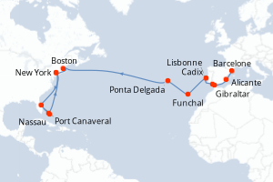 carte itinéraire croisière Transatlantique 26 jours au départ du port de Barcelone