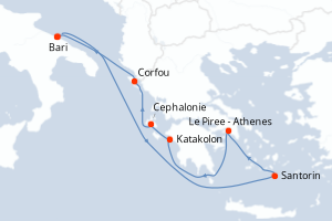 Carte de l'itinéraire de croisière Bari-Bari d'une durée de 7 jours