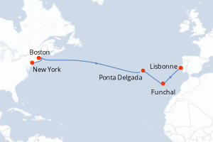 carte itinéraire croisière Amérique du Nord 14 jours au départ du port de Lisbonne