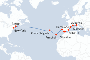 carte itinéraire croisière Transatlantique 21 jours au départ du port de Livourne