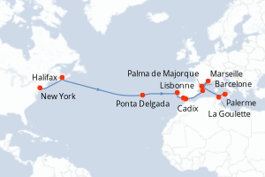 carte itinéraire croisière Transatlantique 19 jours au départ du port de New York