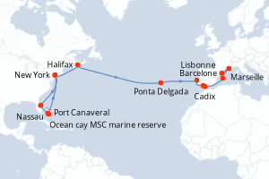 carte itinéraire croisière Transatlantique 23 jours au départ du port de New York