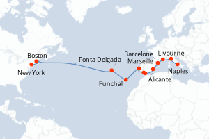 carte itinéraire croisière Transatlantique 22 jours au départ du port de Naples