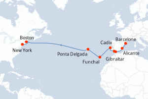 carte itinéraire croisière Transatlantique 19 jours au départ du port de Barcelone