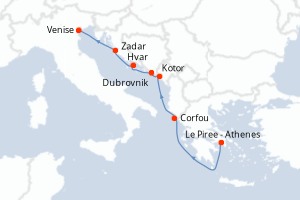 Carte de l'itinéraire de croisière Le Piree - Athenes-Venise d'une durée de 7 jours