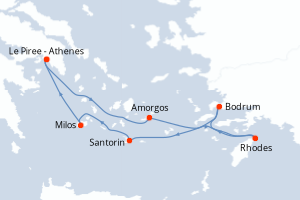 Carte de l'itinéraire de croisière Le Piree - Athenes-Le Piree - Athenes d'une durée de 6 jours