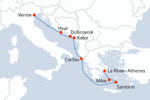 carte itinéraire croisière Méditerranée 8 jours au départ du port de Le Piree - Athenes