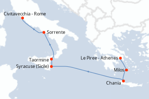carte itinéraire croisière Sicile 7 jours au départ du port de Le Piree - Athenes