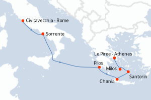 Carte de l'itinéraire de croisière Civitavecchia - Rome-Le Piree - Athenes d'une durée de 7 jours