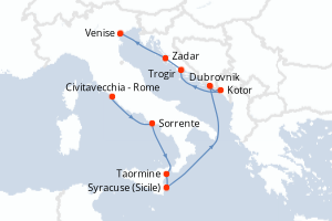 Carte de l'itinéraire de croisière Civitavecchia - Rome-Venise d'une durée de 11 jours