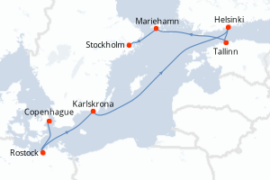 Carte de l'itinéraire de croisière Copenhague-Stockholm d'une durée de 7 jours