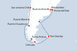 Carte de l'itinéraire de croisière San antonio Chili-Buenos Aires d'une durée de 22 jours