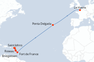 carte itinéraire croisière Transatlantique 15 jours au départ du port de Le Havre