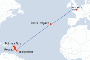 Carte de l'itinéraire de croisière Le Havre-Pointe a Pitre d'une durée de 16 jours