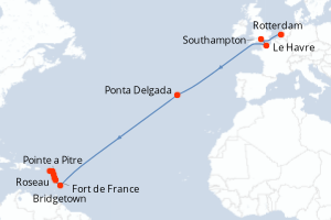 Carte de l'itinéraire de croisière Rotterdam-Pointe a Pitre d'une durée de 18 jours