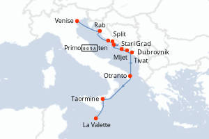 Carte de l'itinéraire de croisière Venise-La Valette d'une durée de 8 jours