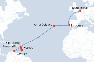 Carte de l'itinéraire de croisière Dunkerque-Pointe a Pitre d'une durée de 21 jours