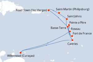 Carte de l'itinéraire de croisière Pointe a Pitre-Pointe a Pitre d'une durée de 11 jours