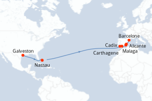 carte itinéraire croisière Transatlantique 16 jours au départ du port de Galveston