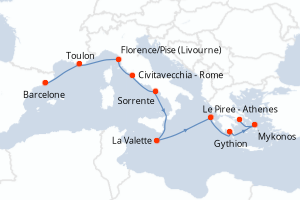 carte itinéraire croisière Méditerranée 10 jours au départ du port de Barcelone