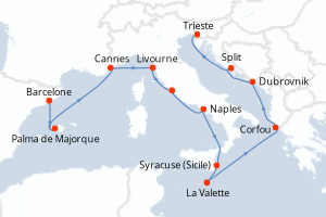 carte itinéraire croisière Sicile 11 jours au départ du port de Barcelone
