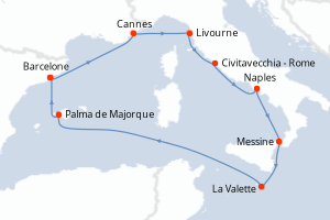 carte itinéraire croisière Sicile 10 jours au départ du port de Barcelone