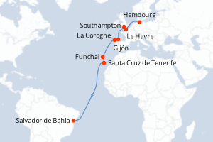 carte itinéraire croisière Transatlantique 16 jours au départ du port de Hambourg