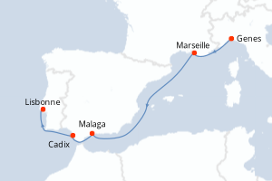 carte itinéraire croisière Atlantique 5 jours au départ du port de Genes