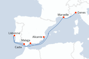 carte itinéraire croisière Méditerranée 7 jours au départ du port de Genes