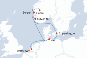 carte itinéraire croisière Fjörds norvégiens 10 jours au départ du port de Rotterdam