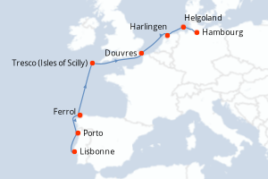 Carte de l'itinéraire de croisière Lisbonne-Hambourg d'une durée de 10 jours