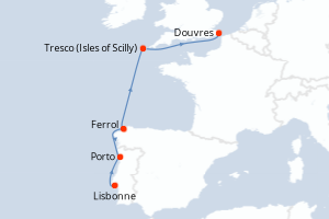 Carte de l'itinéraire de croisière Lisbonne-Douvres d'une durée de 7 jours