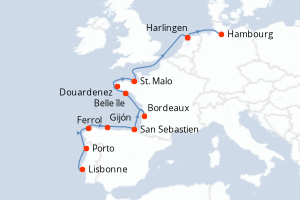 Carte de l'itinéraire de croisière Lisbonne-Hambourg d'une durée de 12 jours