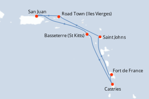 Carte de l'itinéraire de croisière San Juan-San Juan d'une durée de 7 jours