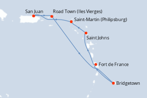 Carte de l'itinéraire de croisière San Juan-San Juan d'une durée de 7 jours