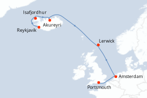 Carte de l'itinéraire de croisière Reykjavik-Portsmouth d'une durée de 11 jours