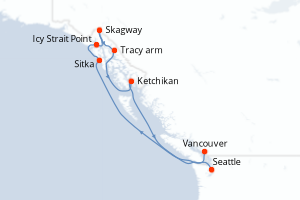 Carte de l'itinéraire de croisière Seattle-Vancouver d'une durée de 8 jours