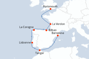 carte itinéraire croisière Atlantique 10 jours au départ du port de Barcelone