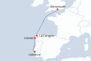Carte de l'itinéraire de croisière Lisbonne-Portsmouth d'une durée de 5 jours