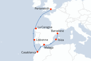 carte itinéraire croisière Méditerranée 13 jours au départ du port de Portsmouth