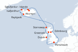 carte itinéraire croisière Atlantique 15 jours au départ du port de Portsmouth