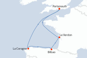 carte itinéraire croisière Atlantique 6 jours au départ du port de Portsmouth
