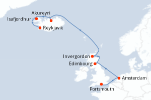 carte itinéraire croisière Europe du Nord 10 jours au départ du port de Portsmouth