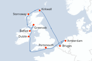 carte itinéraire croisière Atlantique 13 jours au départ du port de Portsmouth