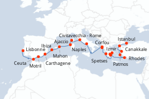 carte itinéraire croisière Atlantique 23 jours au départ du port de Istanbul